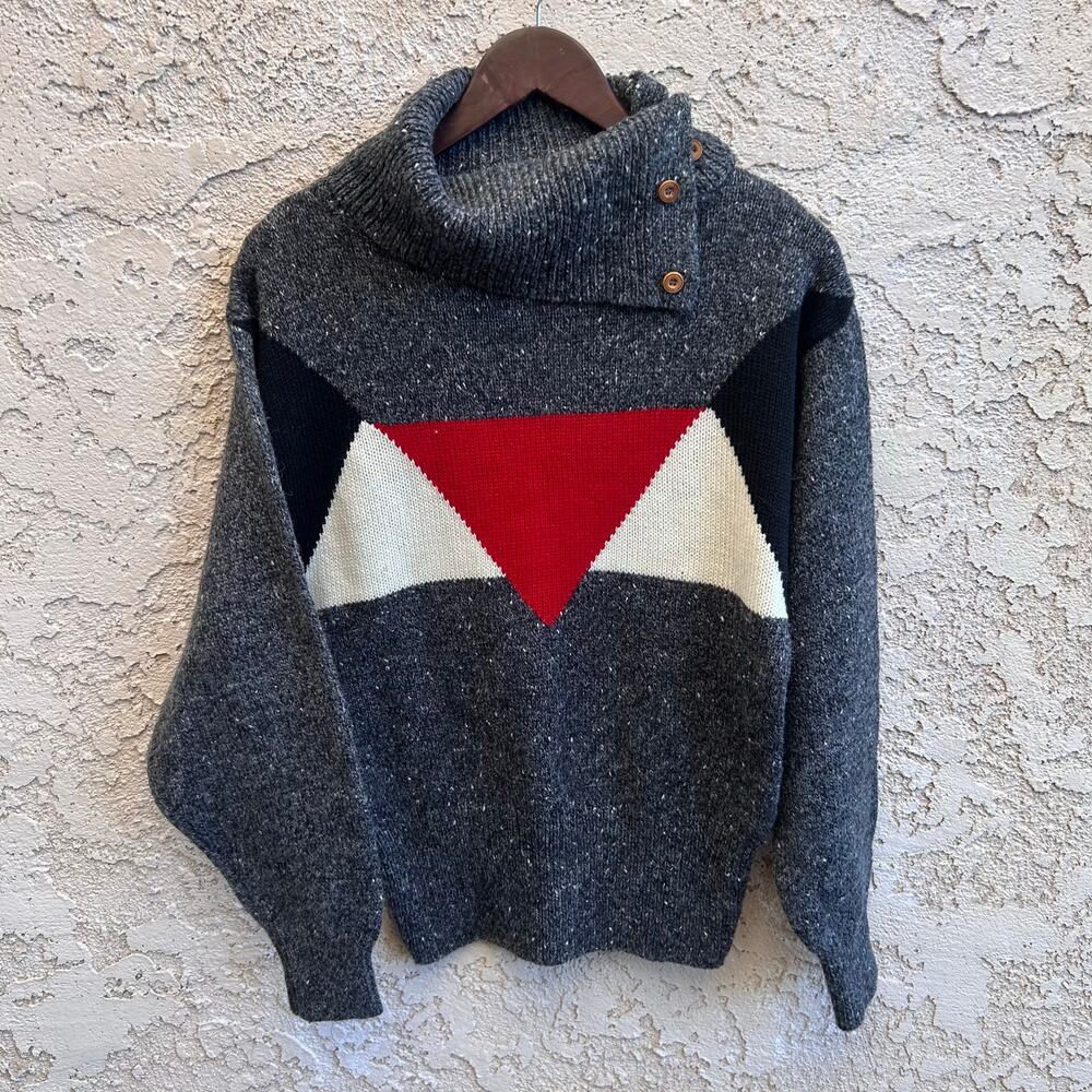 Vintage Gap Geo-Knit Button Cowl Sweater Charcoal Flecked Size M